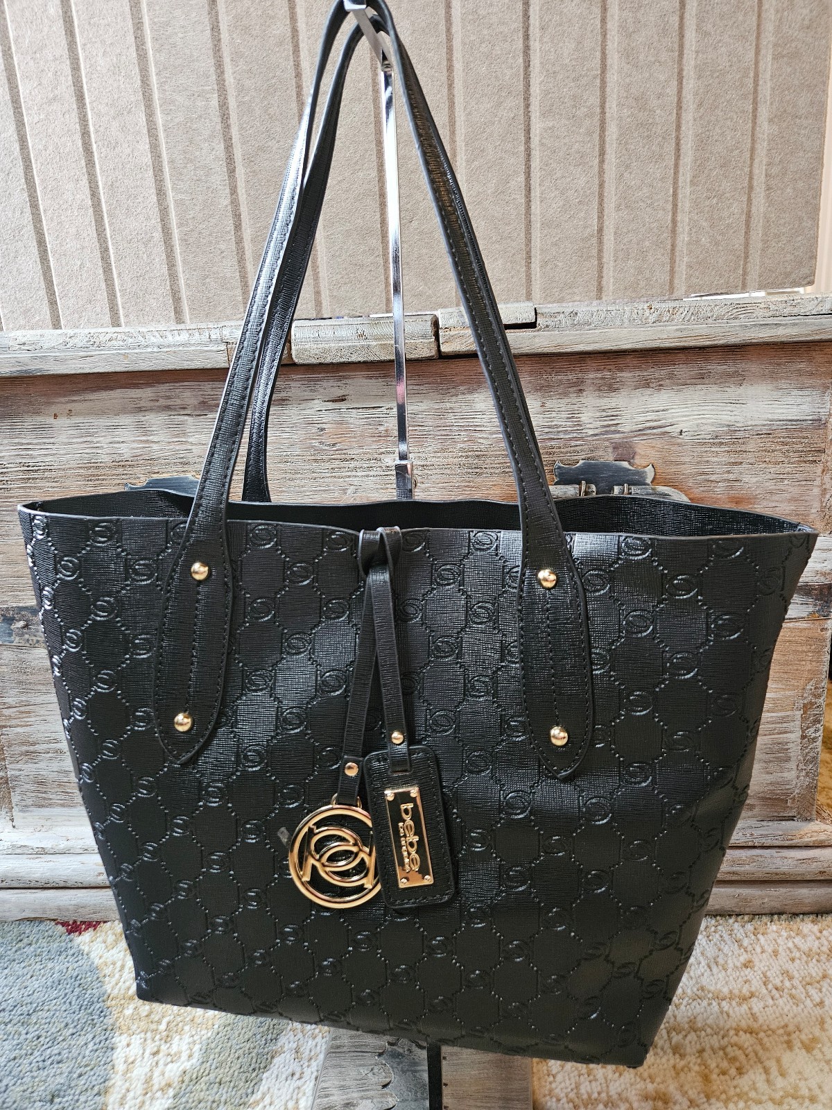 Bebe Signature Black Embossed Leather Medium Tote