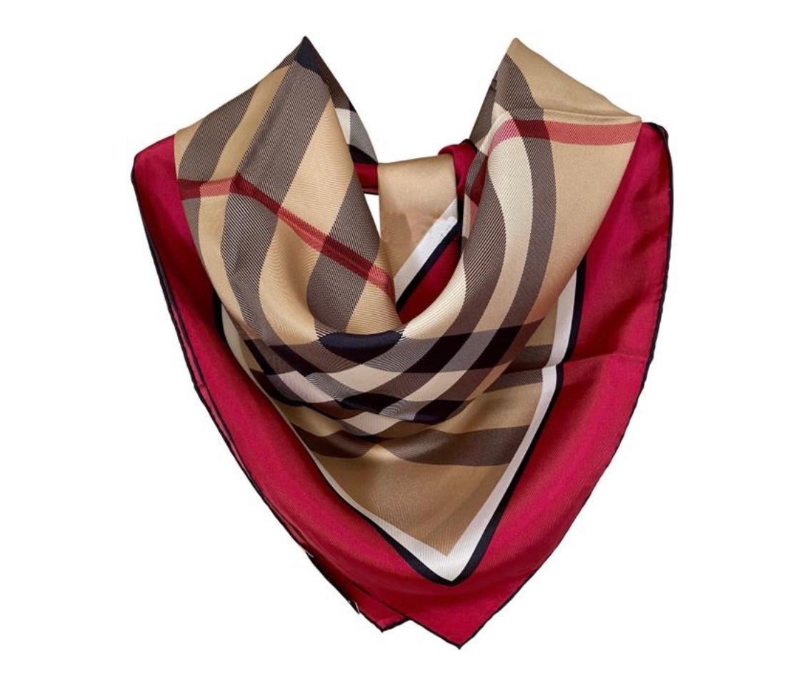 NWT Burberry Horseferry Beige Check Red Silk Plaid Scarf/Wrap