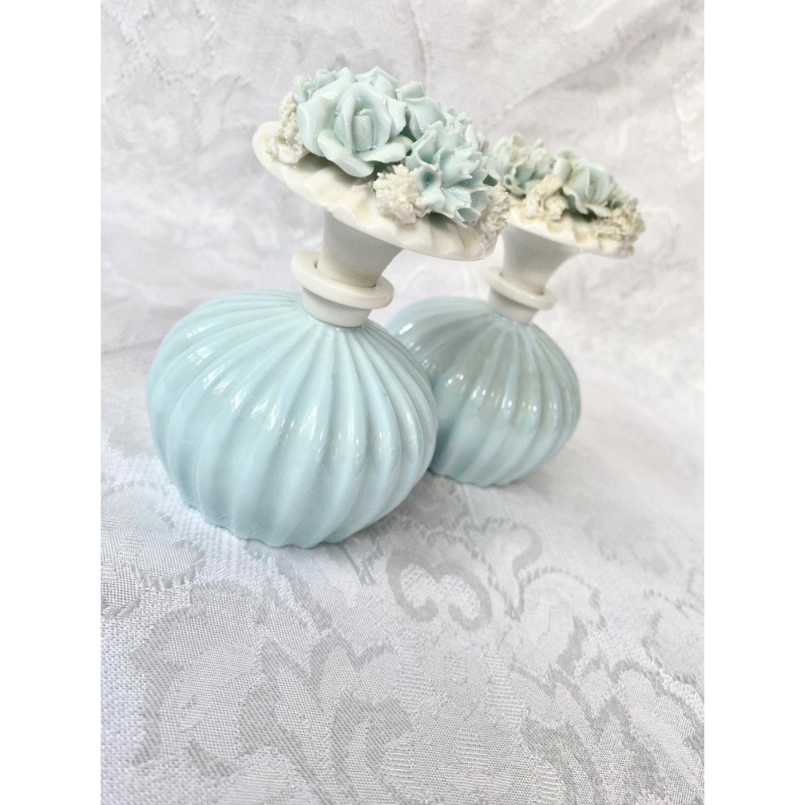 Vintage Irice Co. Japan Blue Ceramic Perfume Bottles With Floral Lid - Set Of 2