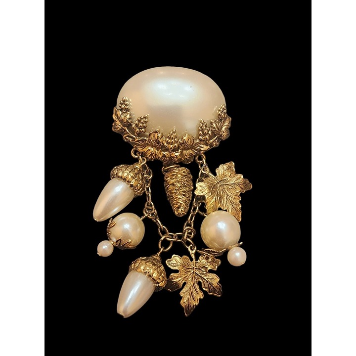 Vintage 80s Faux Pearl Dangle Brooch (A3994)