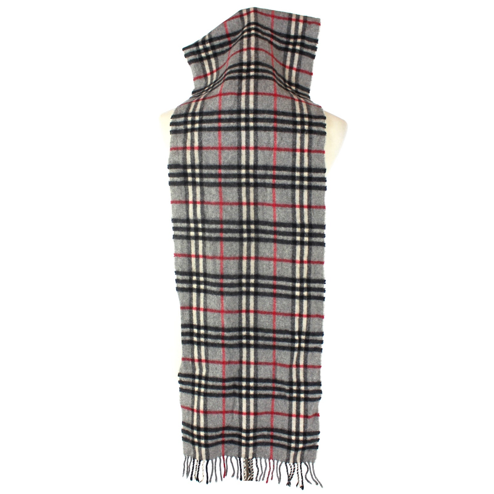 Burberry London Cashmere Fringe Scarf VTG Grey Black Nova Check Fringe Trim