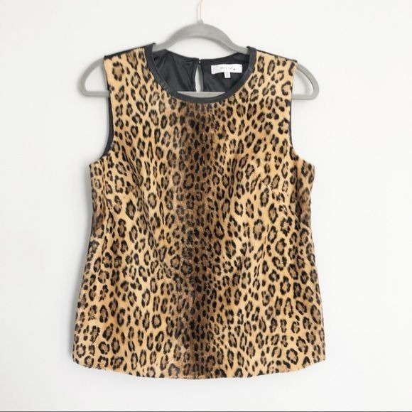 MILLY Faux Fur Leopard Animal Print Sleeveless Scoop Neck Side Zip Vest Size 8