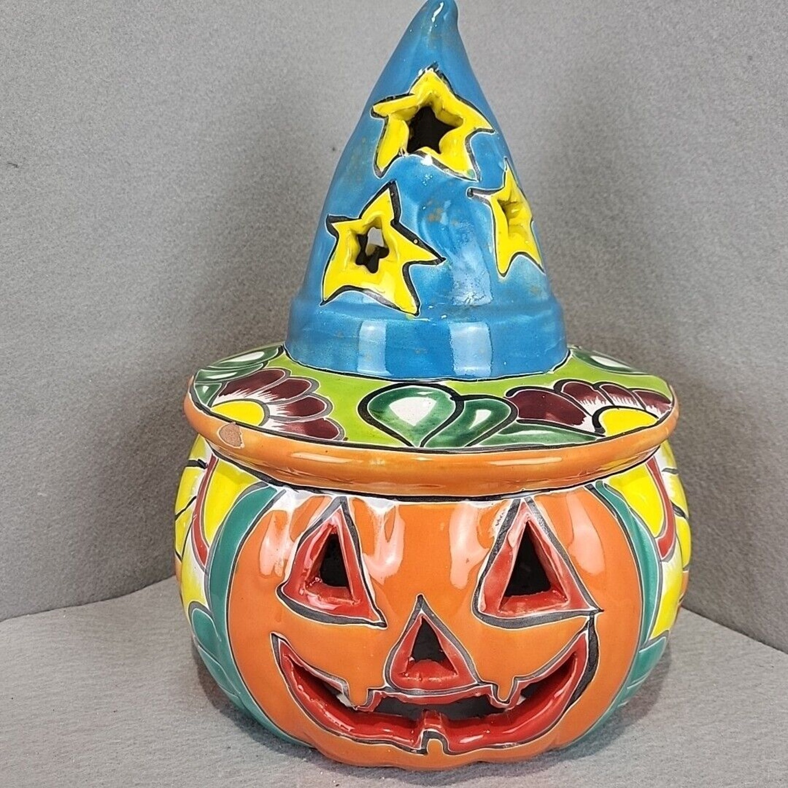 Talavera Pottery Jack O Lantern Halloween Mexican Folk Art Candle Holder READ