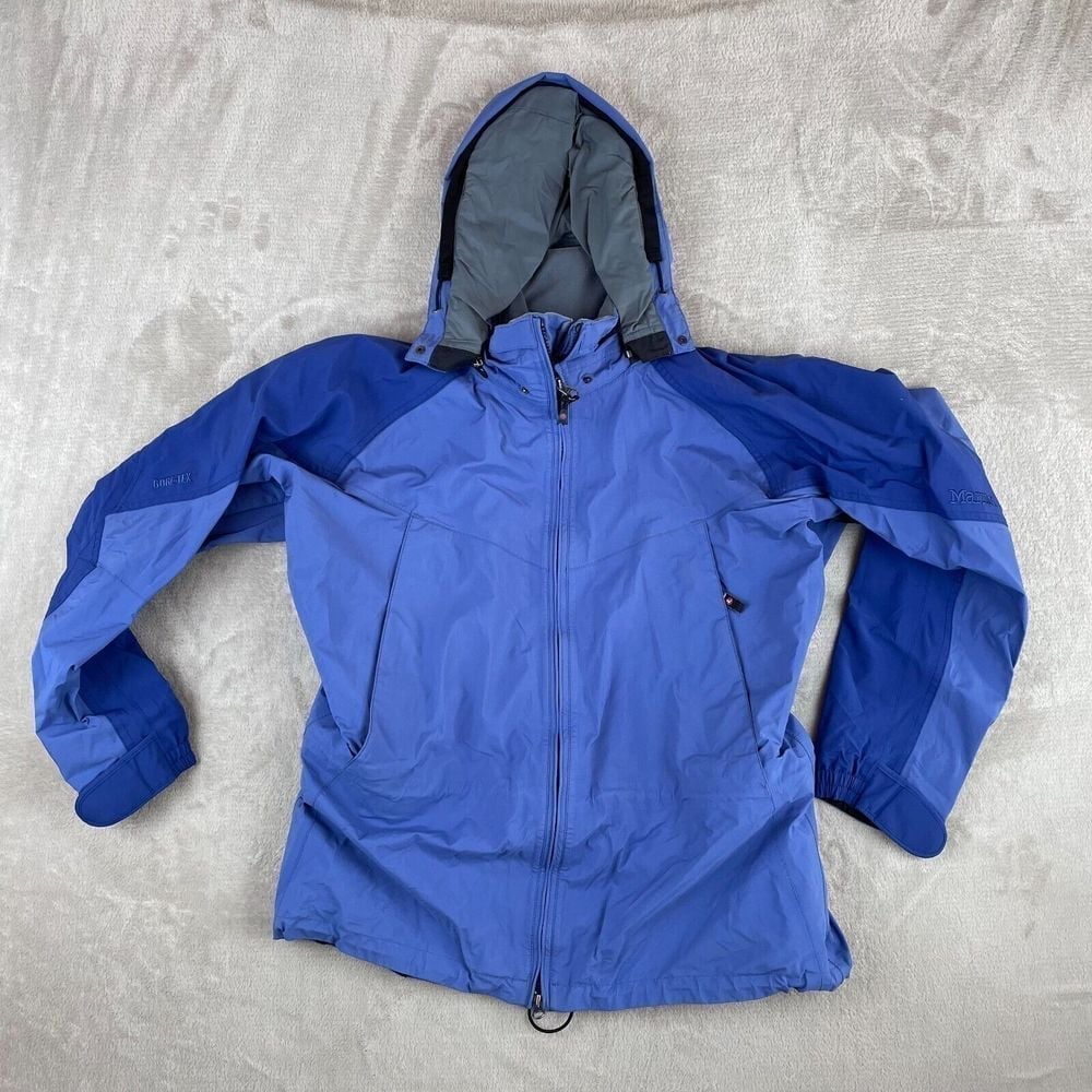 Marmot Jacket Women Large Blue G Tex Hooded Wind Water Proof Full Zip Outdoor