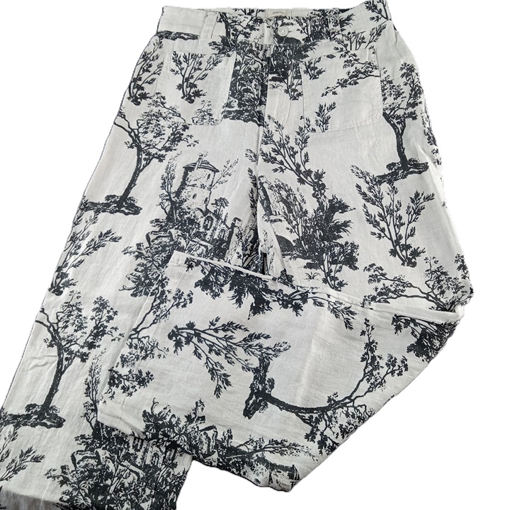 Joie Women's High Rise Wide Leg Pant Size 8 Off White Black Tree Print Linen