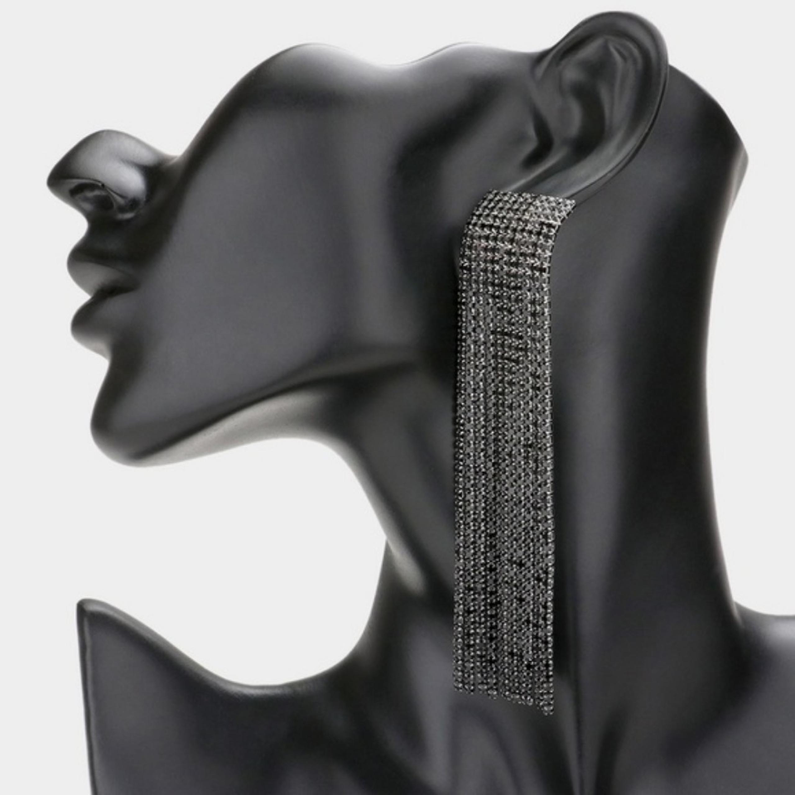 Black Fringe Rhinestone Dangle Earrings 4.25" Tassel Formal Statement Accessory