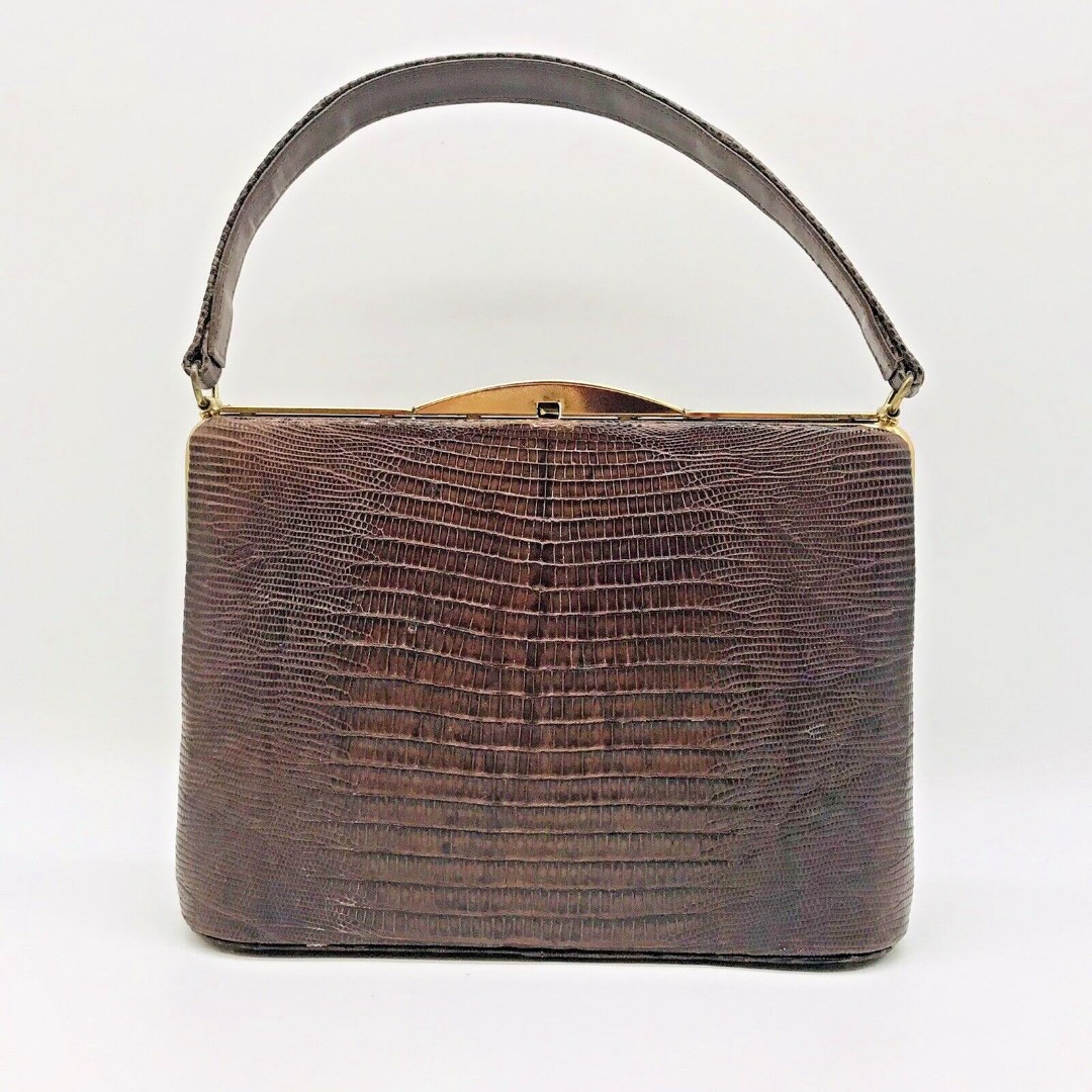 Vintage 50s Escort Purse Genuine Lizard Brown Structured Frame Handbag Satchel