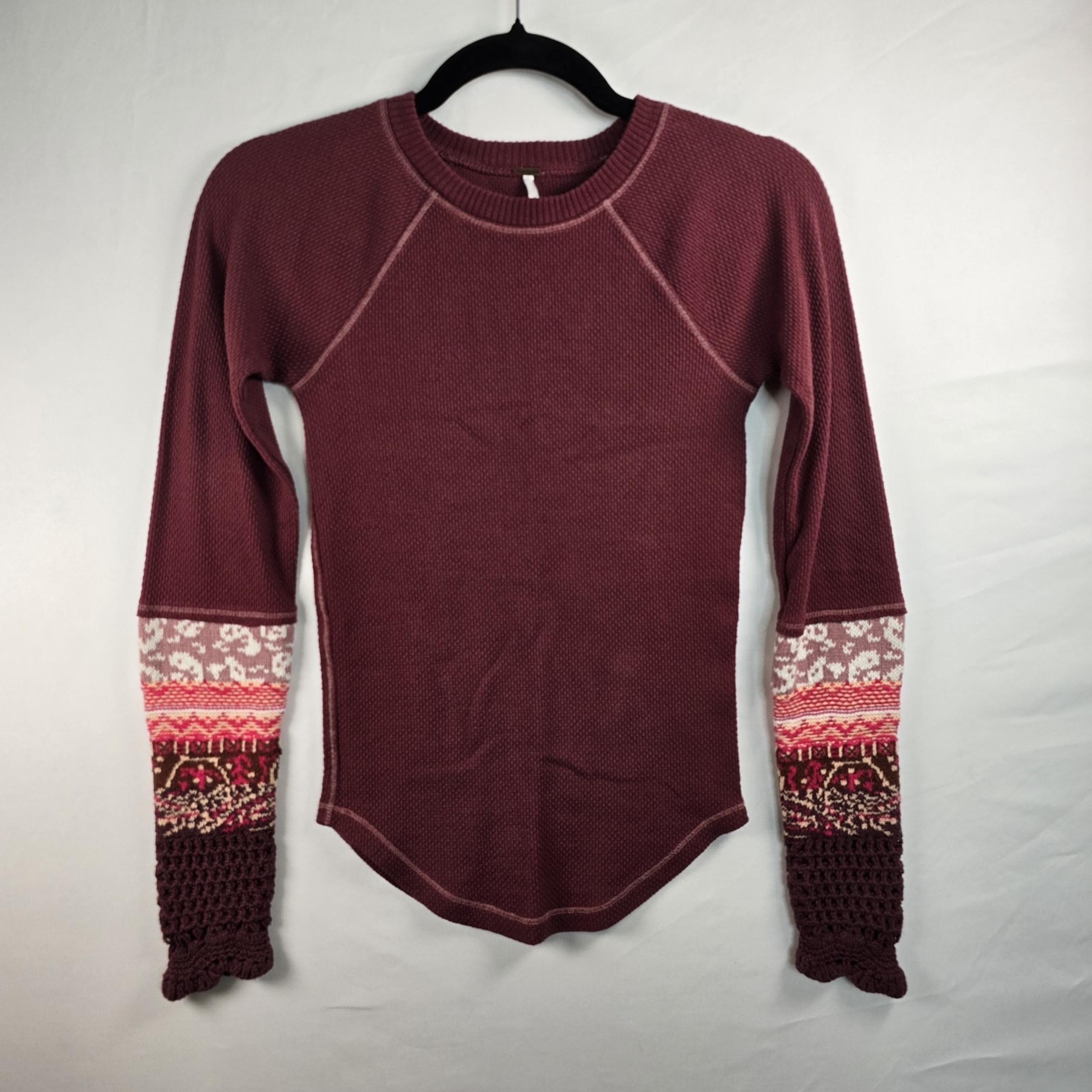 Free People In The Mix Cuff Thermal Knit Top Crochet Sleeves XS Rio Vino