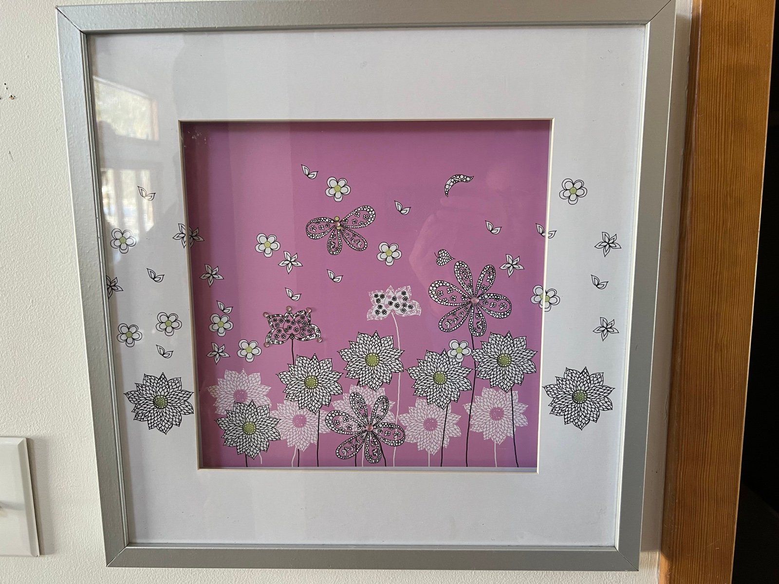 Flowers And Butterflies Matted & Framed In Shadow Box