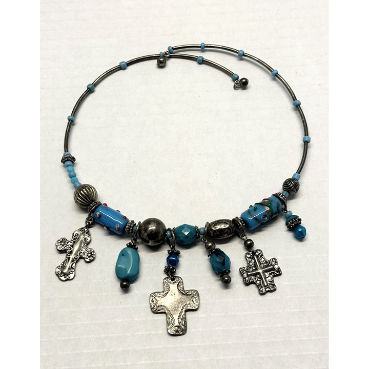 Vintage glass beaded cross charm choker necklace