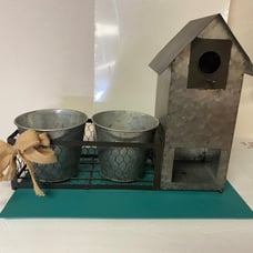 Galvanized Birdhouse with Two Planter Pots