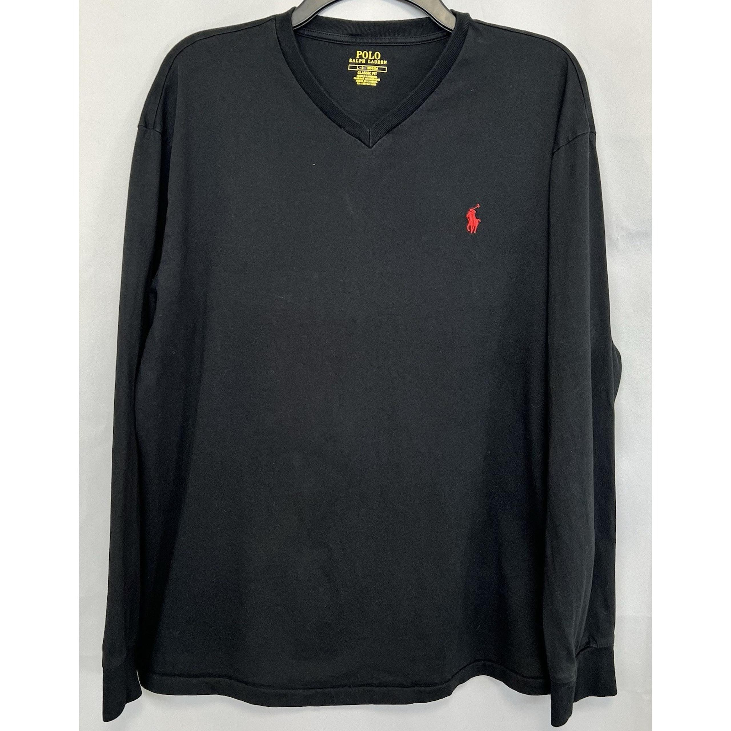 Polo Ralph Lauren Black V-Neck T-shirt Men Adult Large Long Sleeve Red Pony Logo