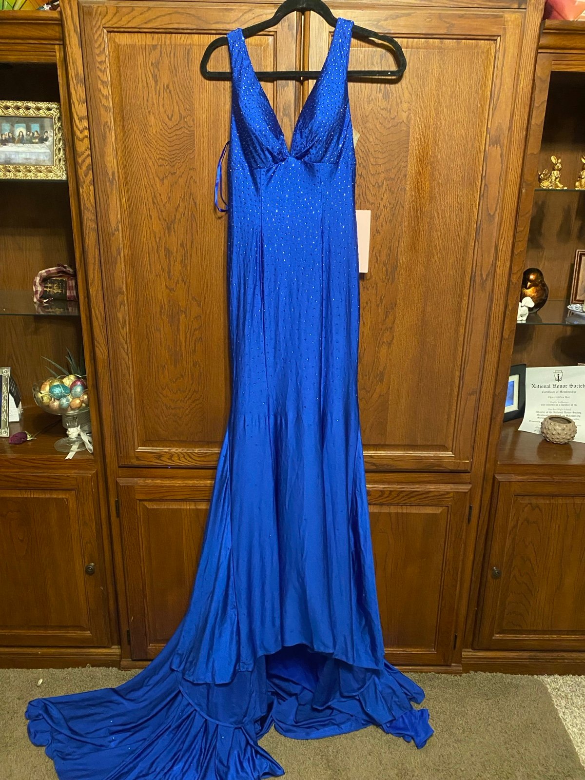 Kiss prom Molly Mermaid Deep V-Neck Beaded Satin Long Prom Dress