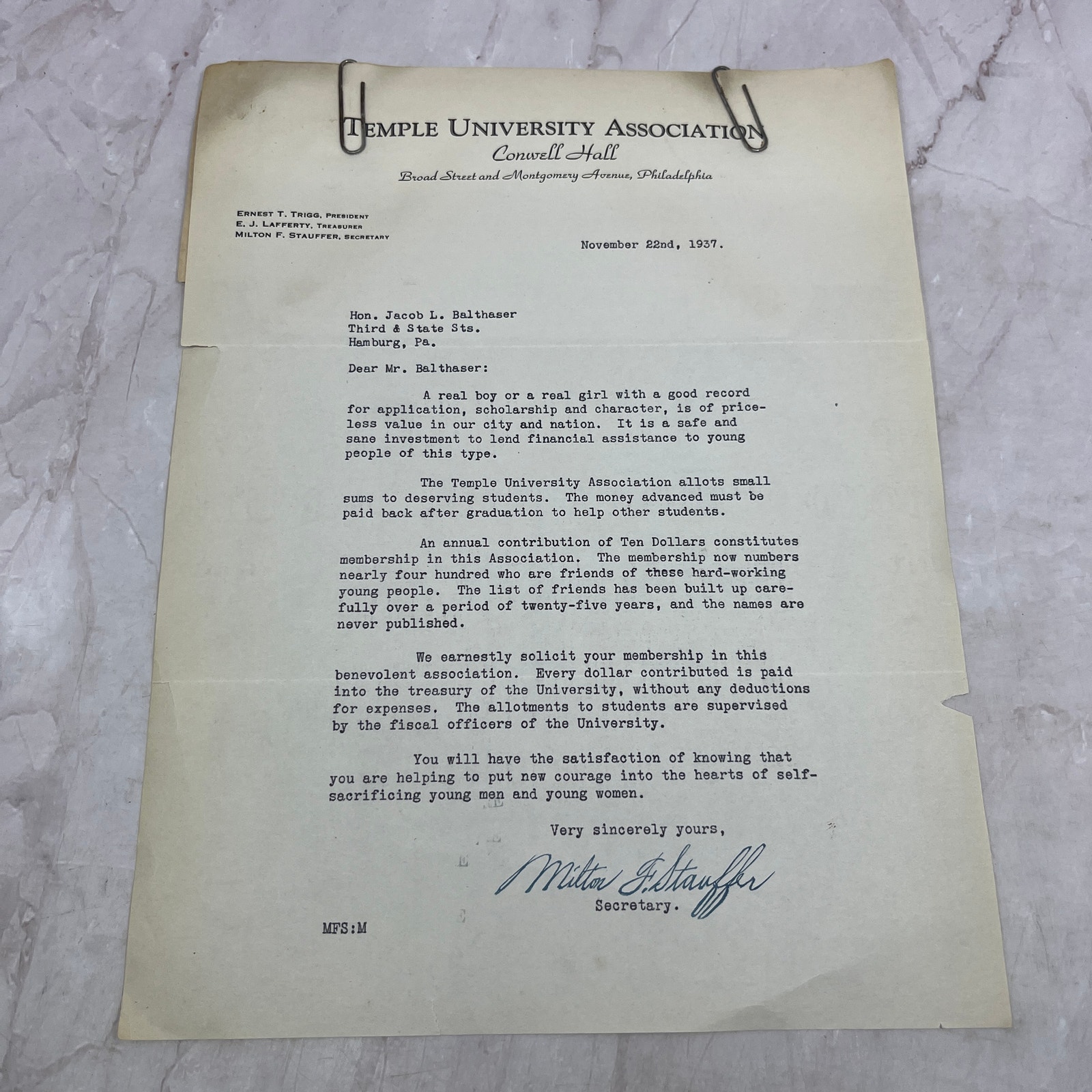 1937 Temple University Association Conwell Hall Membership Solicitation D22