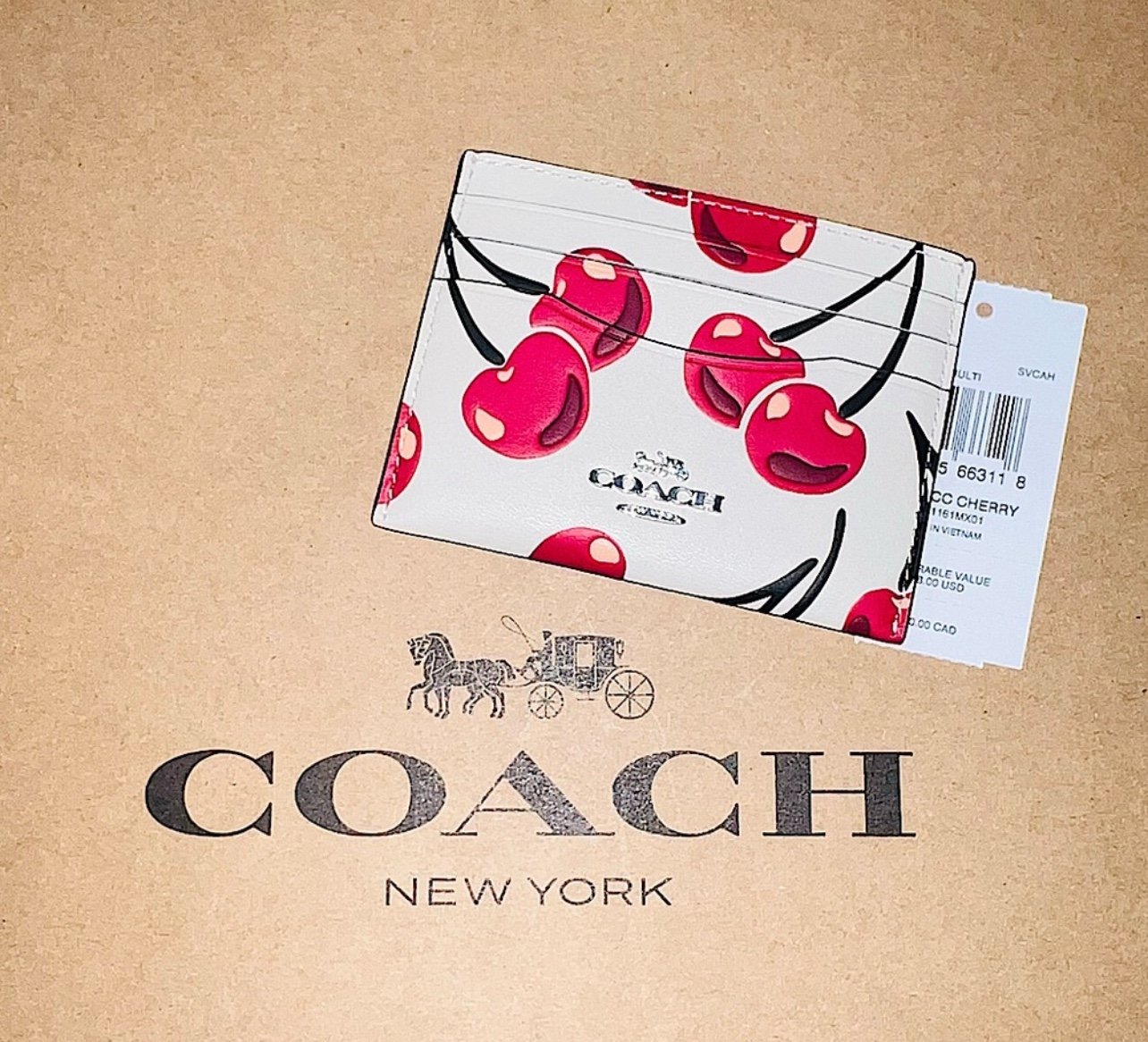 COACH Slim Id Card Case Wallet With Cherry Print CAA87 AUTHENTIC NEW!