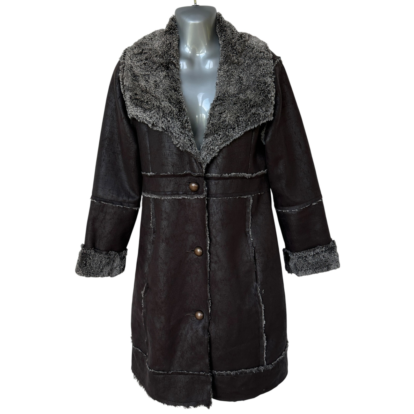dylan Trench Coat Brown Gray Faux Leather Faux Fur Women's Size Small