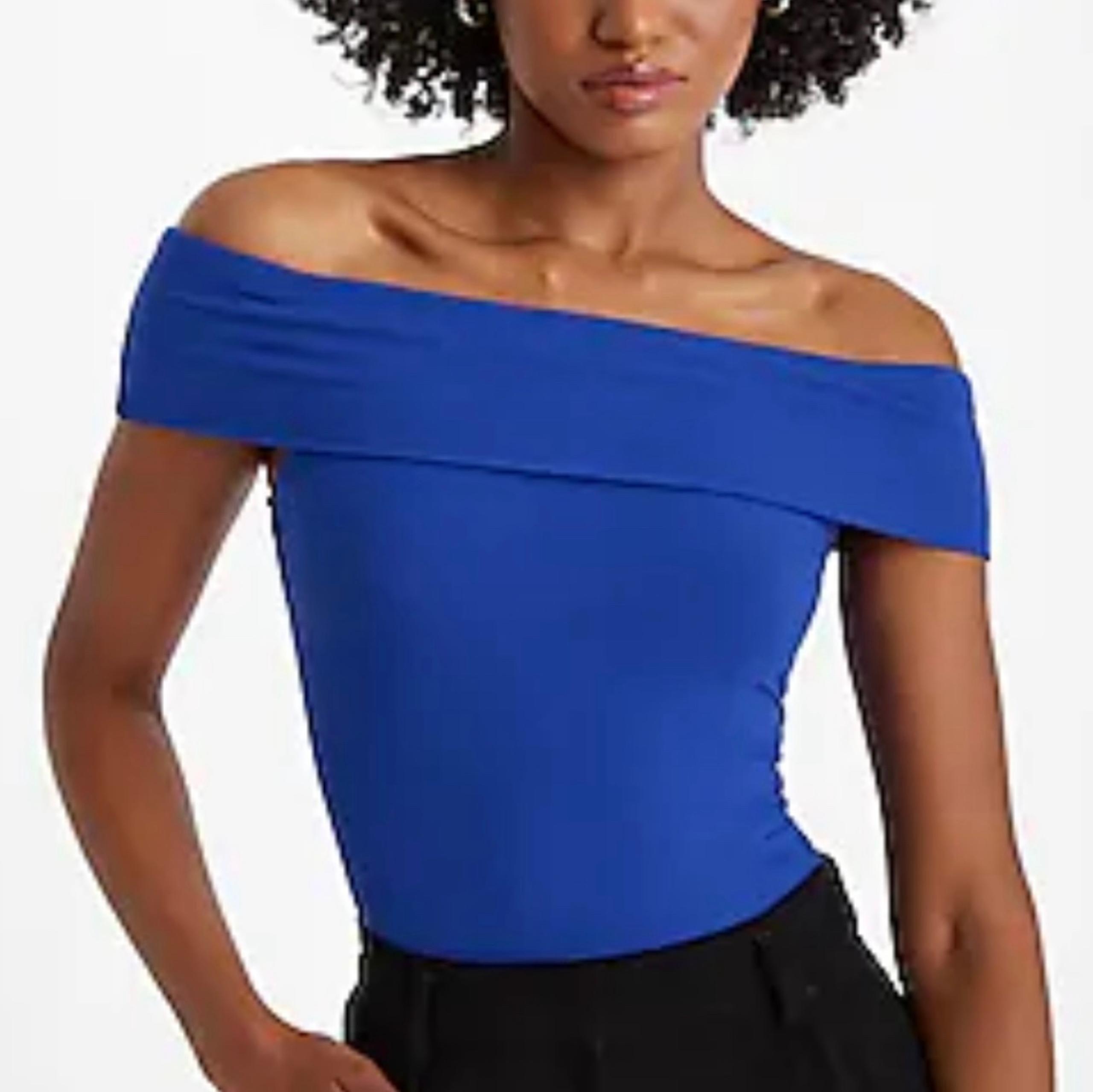 NWT Cobalt Blue Fitted Ribbed Off The Shoulder Overlay Top - Express