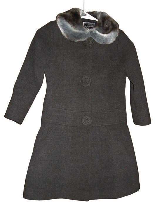 Sz 5 Rothschild Girls Dark Charcoal Rosettes Flare Faux Fur Collar Dress Coat