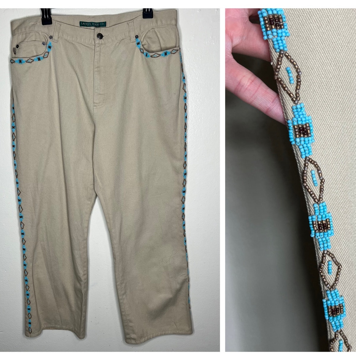LRL Ralph Lauren Straight Leg Jeans 16 Beaded Southwest Tribal Native Turquoise