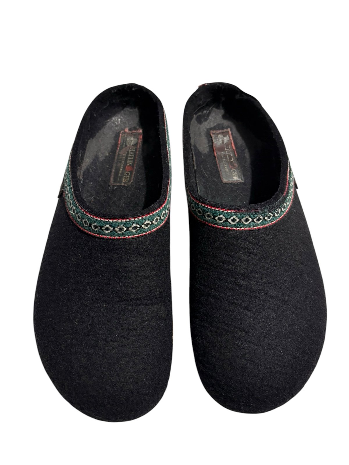 11 44 HAFLINGER Clog Slippers Wool Felt Grizzly Franzl Black aztec embroidered