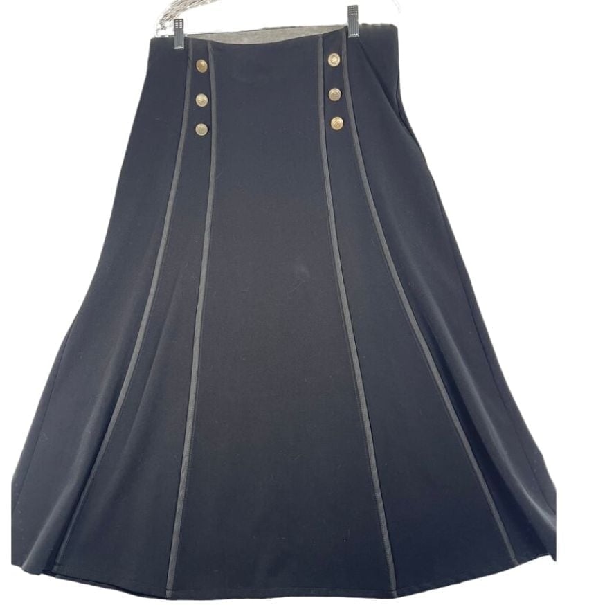 NEVA stretchy long Black A-line Skirt silver metal buttons, Women's size 12