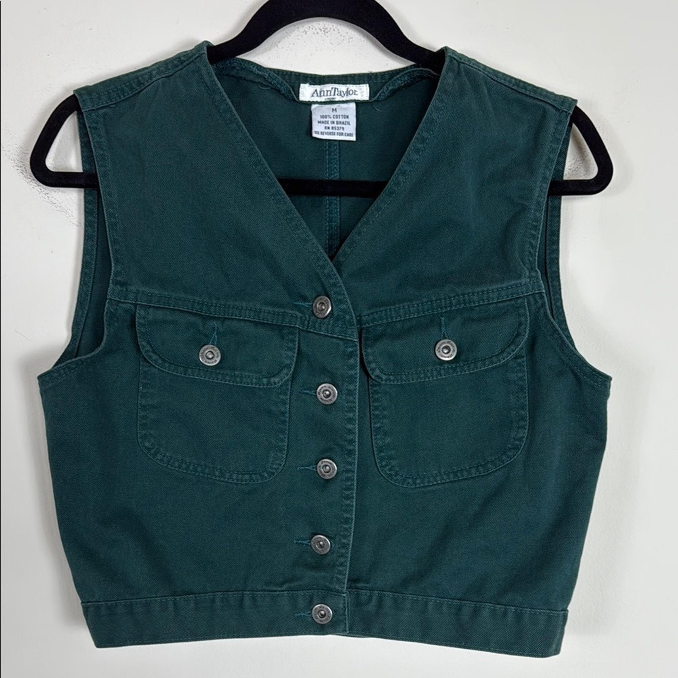 Vintage Ann Taylor Forest Green Denim Cropped Vest Size Medium