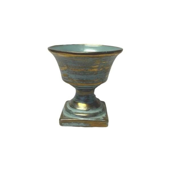 Vintage MCM Round Vase USA Turquoise Aqua Green Brushed w Gold On Pedestal