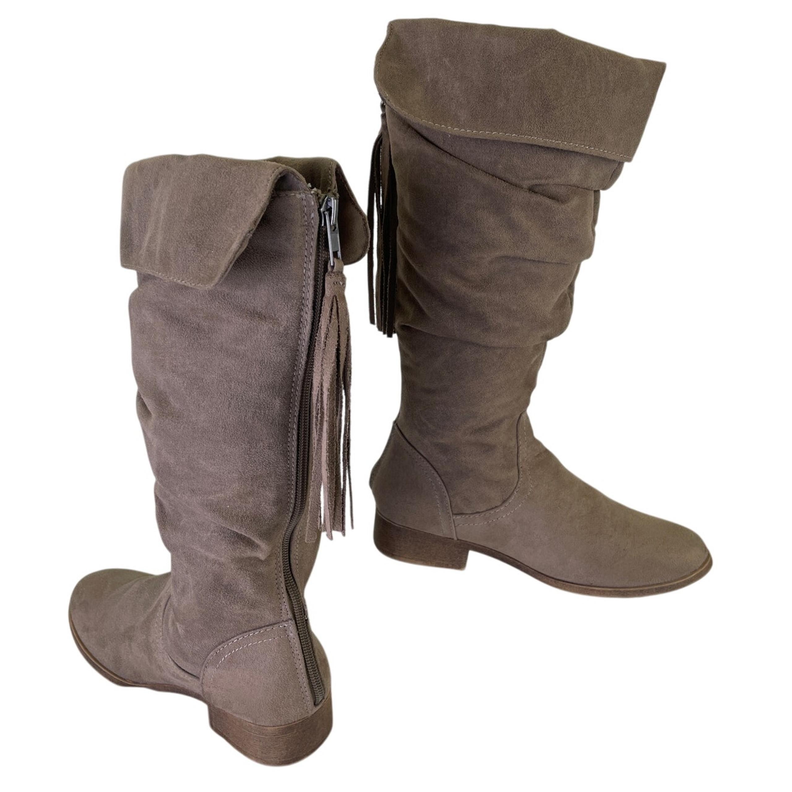 Justice Girls Tall Faux Suede Boots Brown Tassel Zip Up Fold Over Cuff Size 4