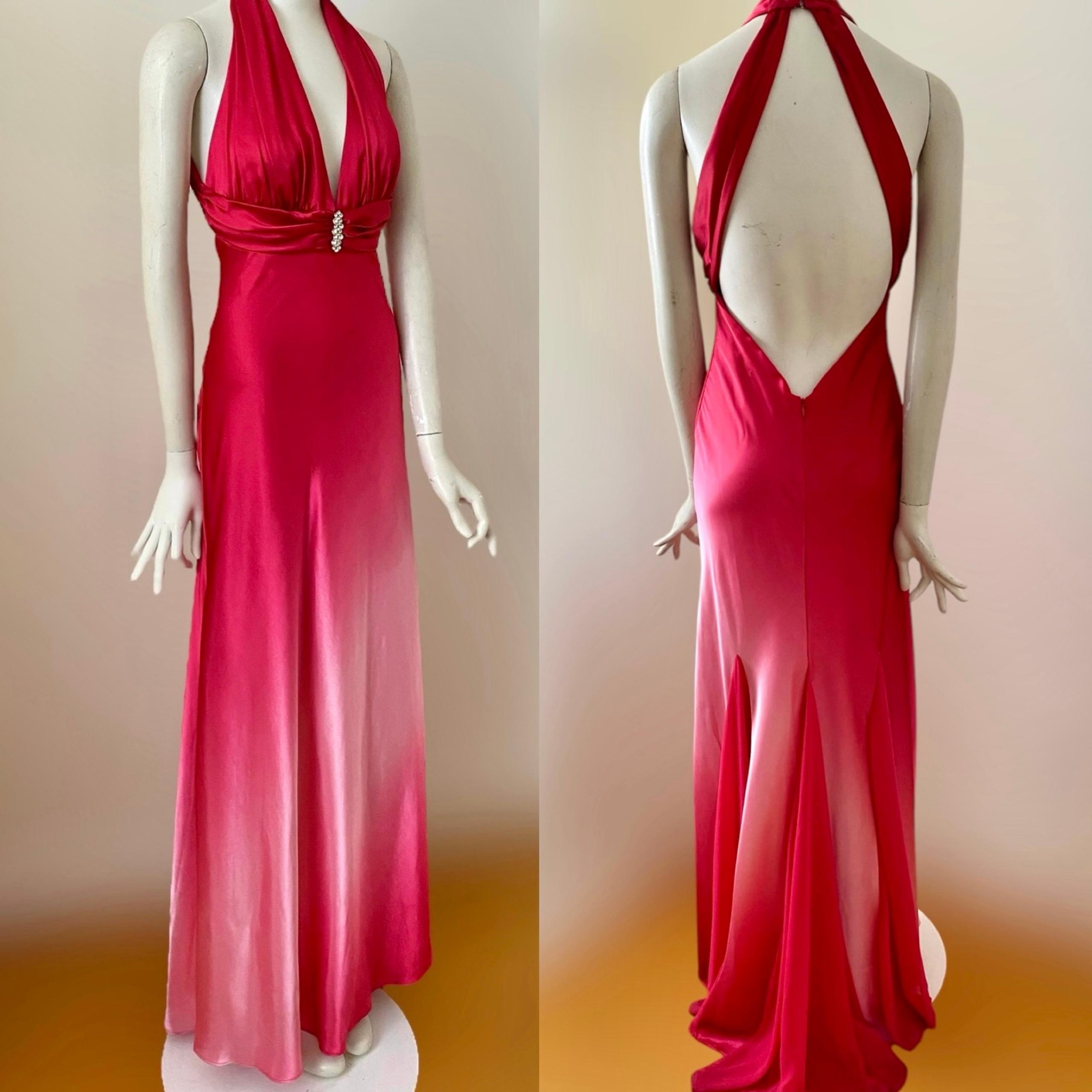 Betsy & Adam pink ombre long formal backless maxi dress gown sz 6
