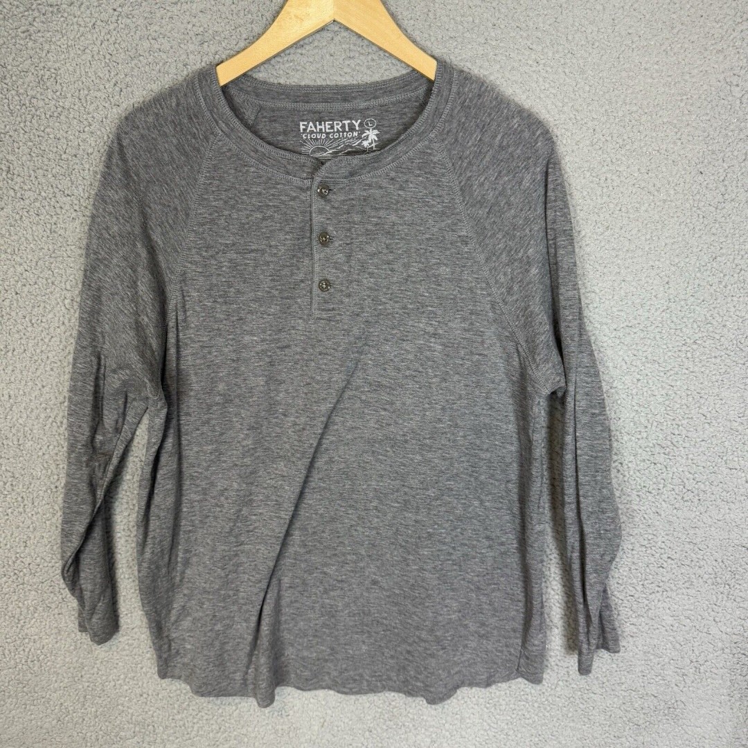 Faherty Shirt Mens L Gray Heather Newport Cloud Cotton Long Sleeve Henley