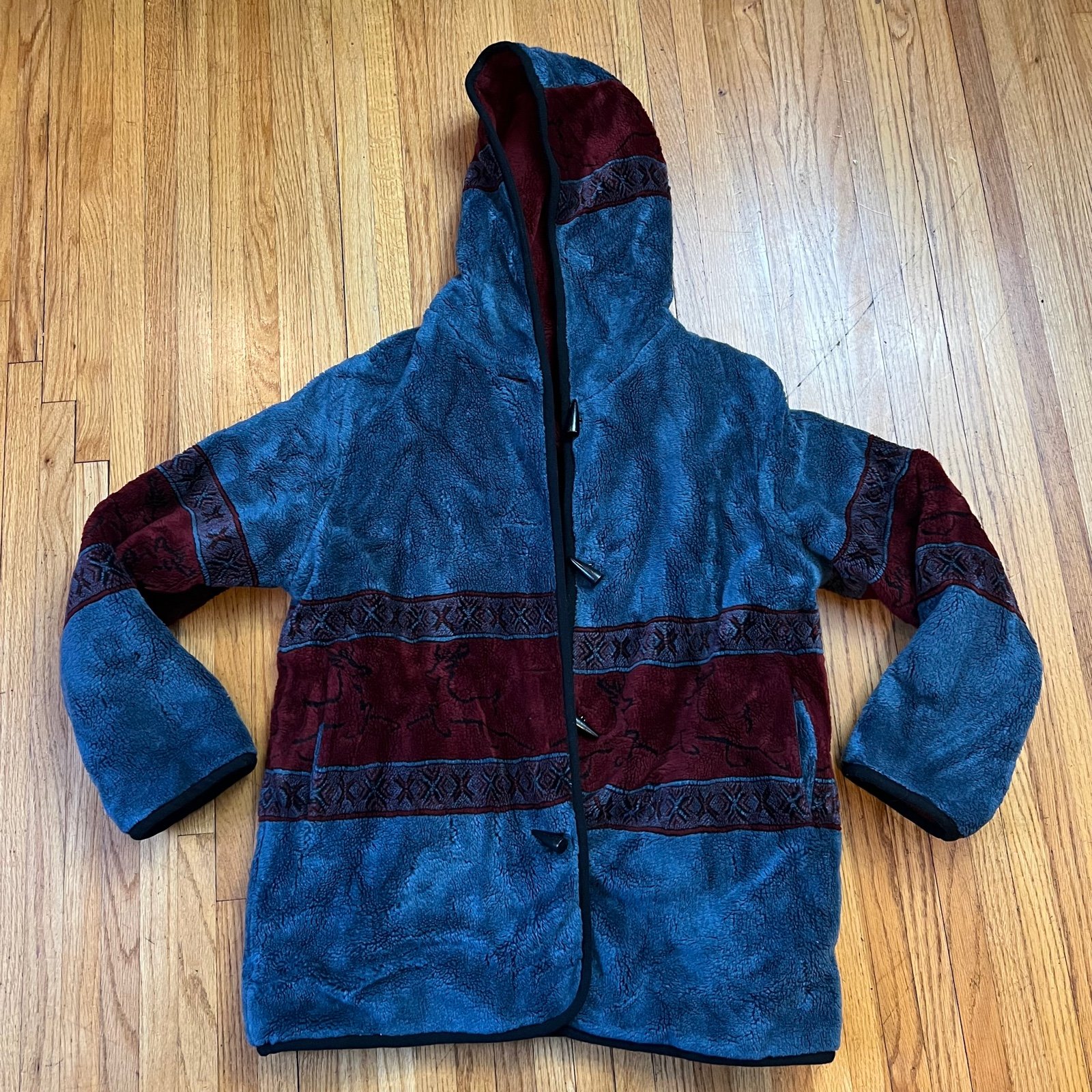 Nordic Lights Medium Blue Red Tribal Deer Fleece Jacket Women Reversible Aztec