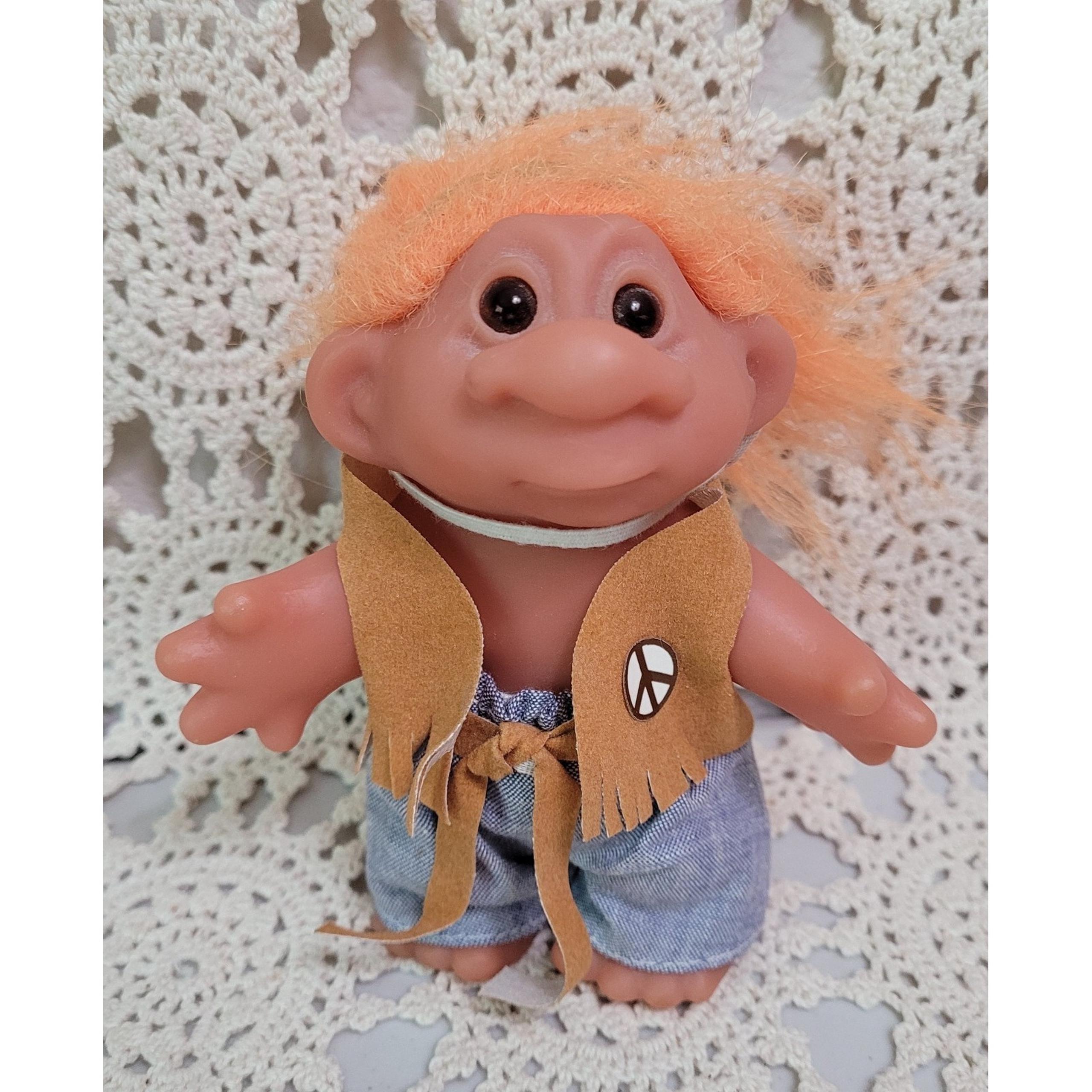 Vintage DAM 1986 Troll Doll Hippie With Orange Hair 5" Peace Sign Vest. Headband