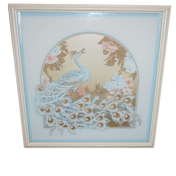 Vintage Reverse Painting Glass Peacock Flowers Blue Pink Gold Framed Signed 1980