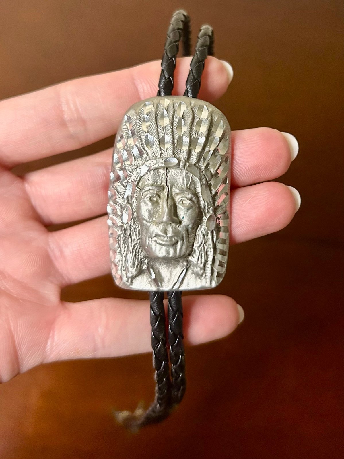 Native American Indian With Headdress Bolo Tie Vintage