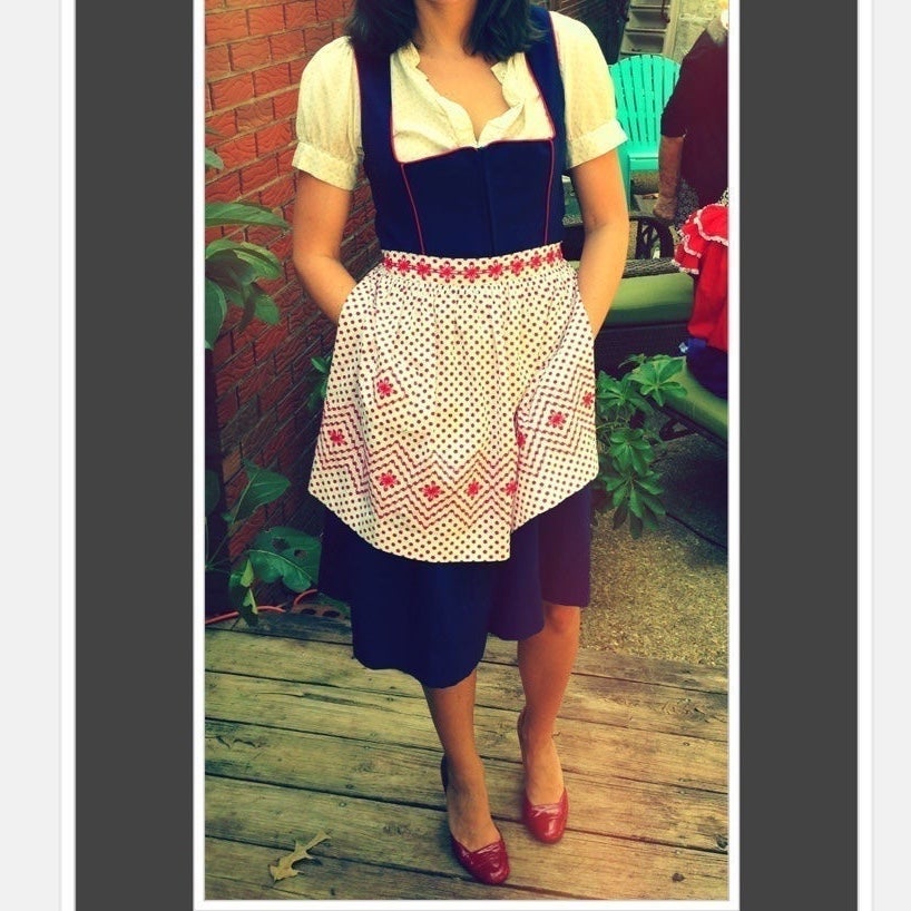 Vintage Licht Trachtenhaus German Dirndl Navy Dress AND Apron SZ 10 Oktoberfest