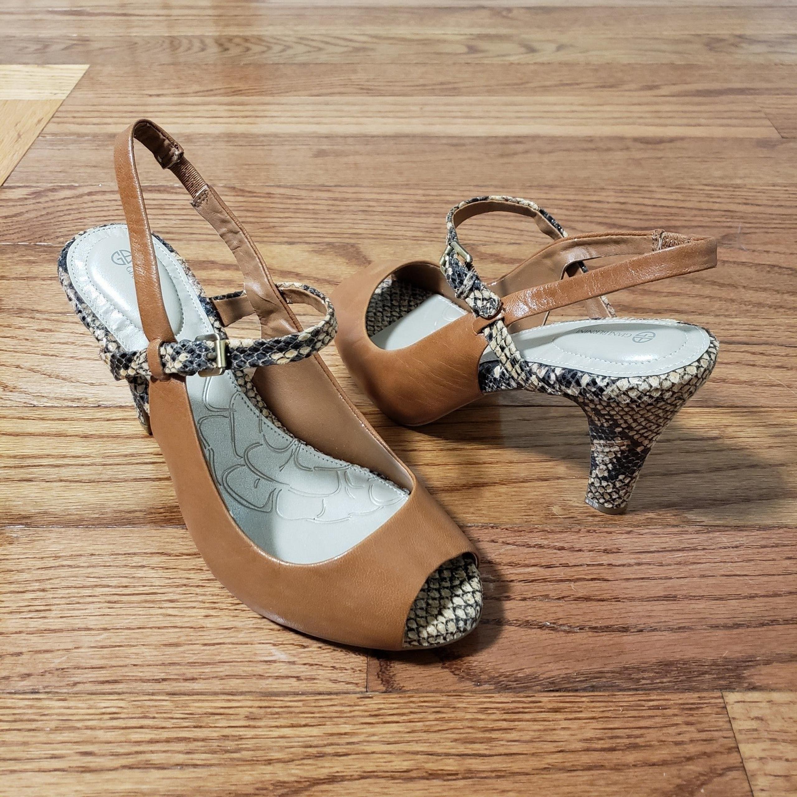Giani Bernini Brown Snakeskin Slingback Peep Toe Heels