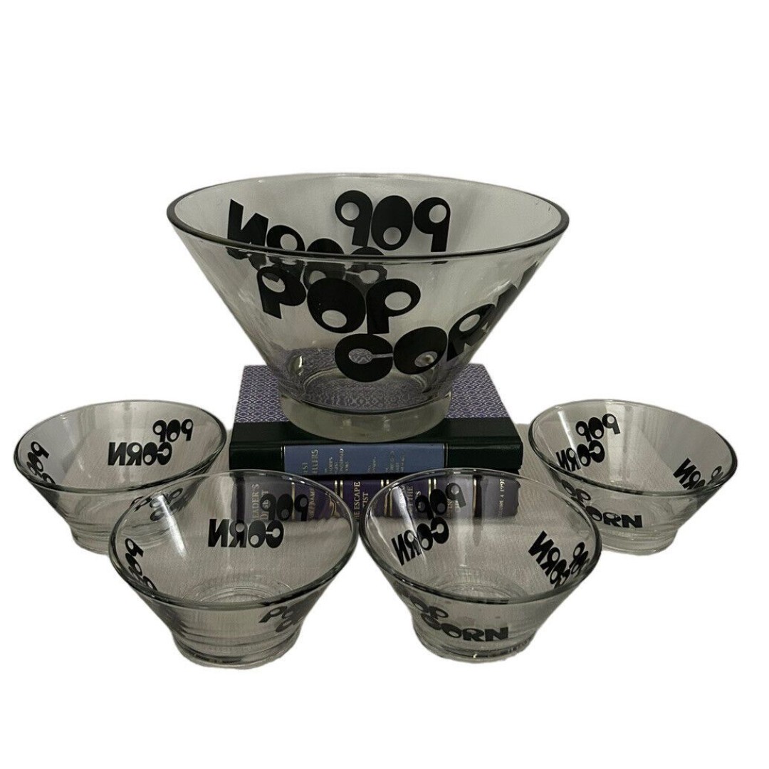 Vintage Mid-Century WHEATON POPCORN Glass Bowl 5-Piece Set Black Letters