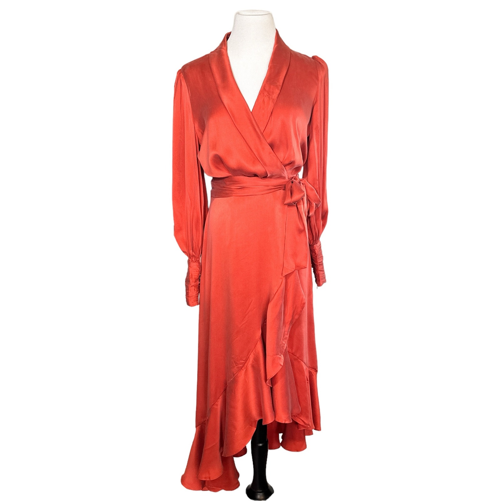 Zimmermann NEW Silk Long Sleeve Flutter Tie Wrap Midi Dress Rust Red 1 (US 6)