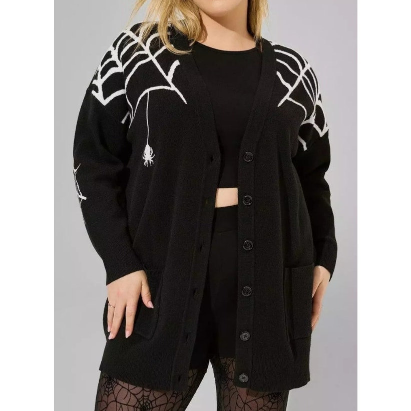 Torrid Luxe Cozy Boyfriend Spider Web Goth Black Knit Cardigan Plus Size 3
