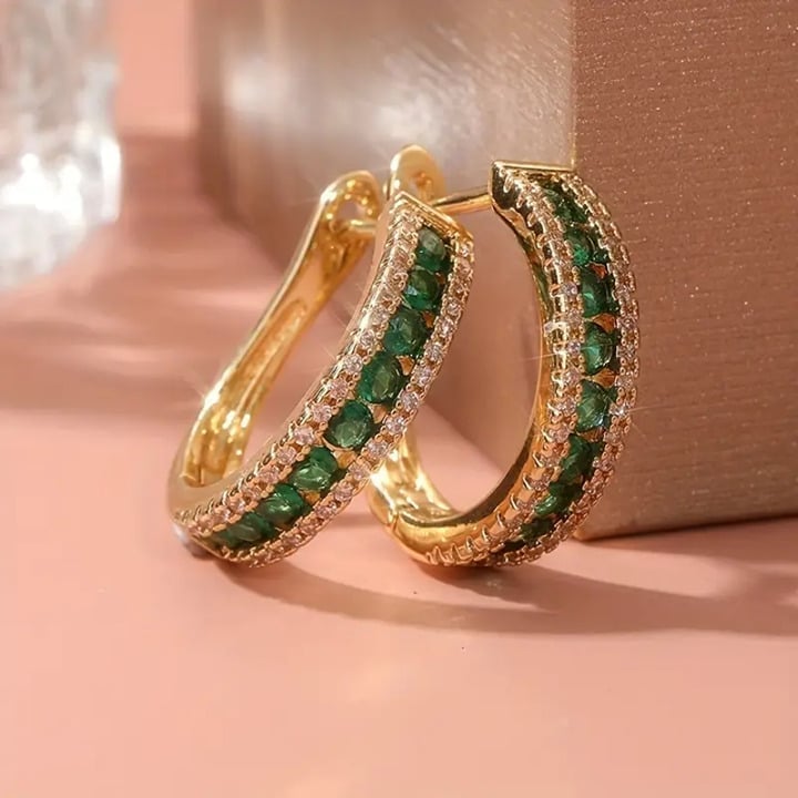 14K Gold Womens 2ct Green Emerald Gemstone 1ct Diamond Small Hoop Earrings NEW