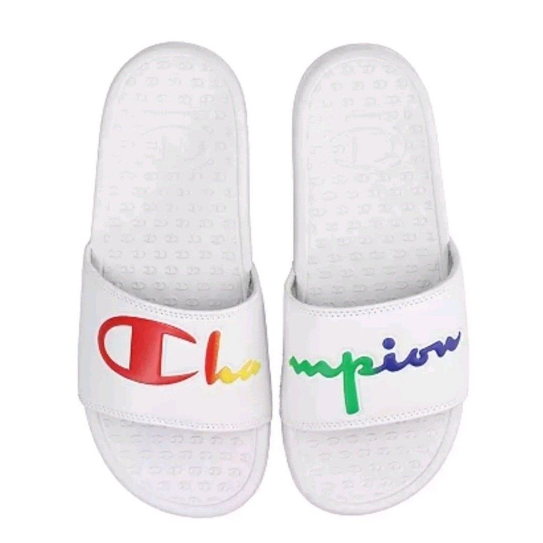 NEW Women's Champion Rainbow Logo Super Split Script Slides White Size 9