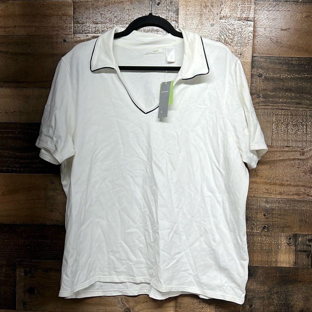 NWT Liz Golf Open Collar Polo Shirt White Black Trim Women's Size 2X