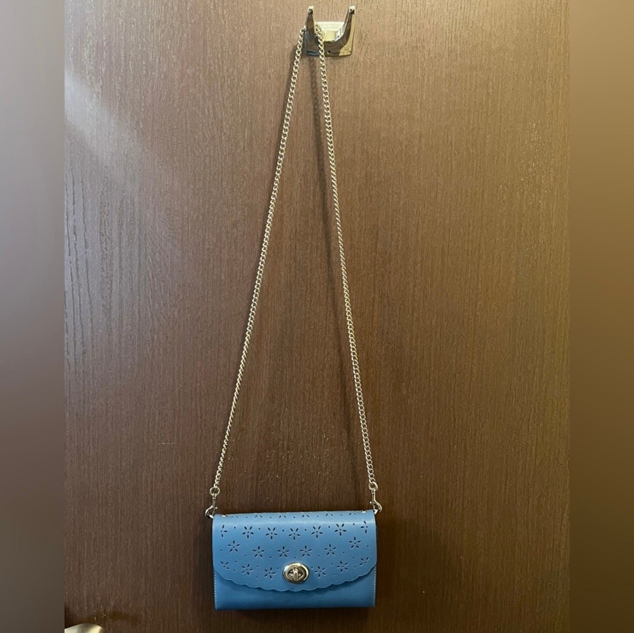 Coach Sky Blue Flower Cutout Leather Crossbody Bag
