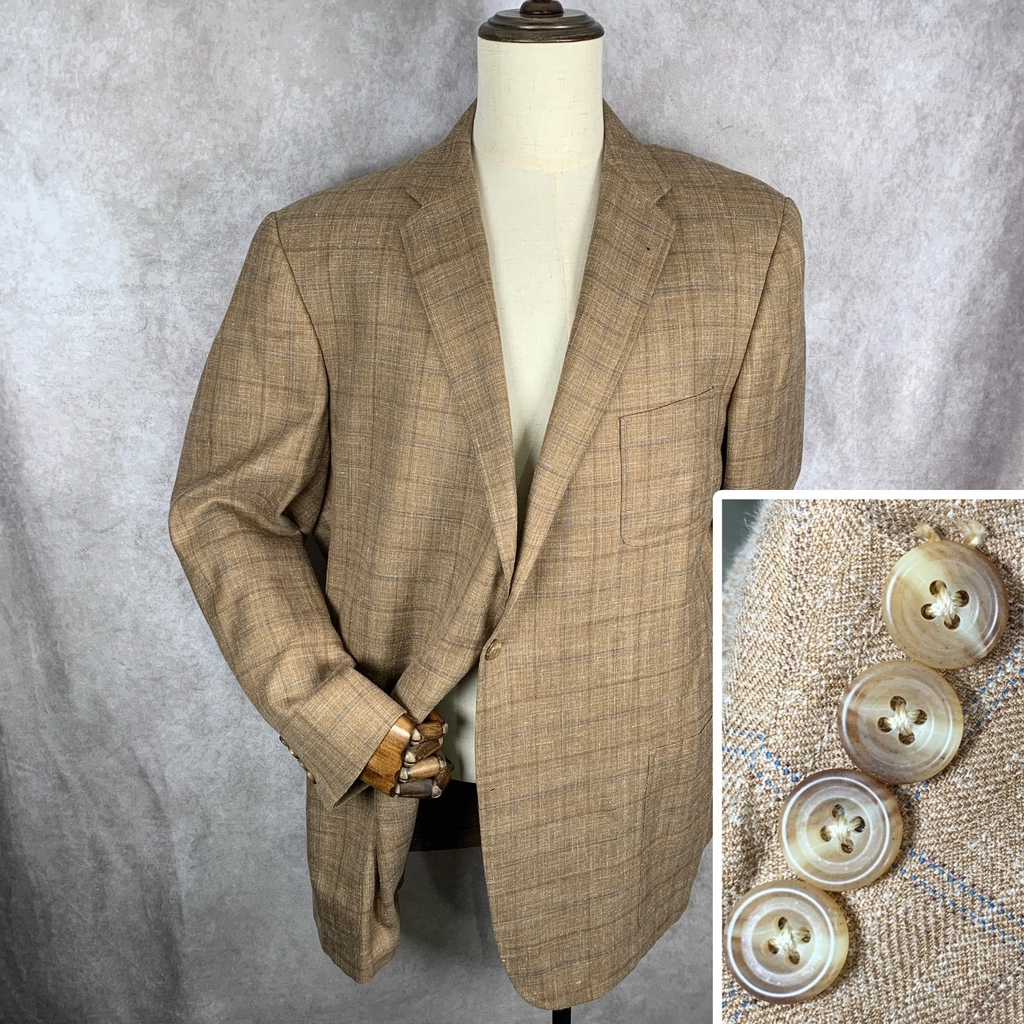 Hickey Freeman Linen Blazer Jacket Men 48L Silk Wool Brown Windowpane Sport Coat