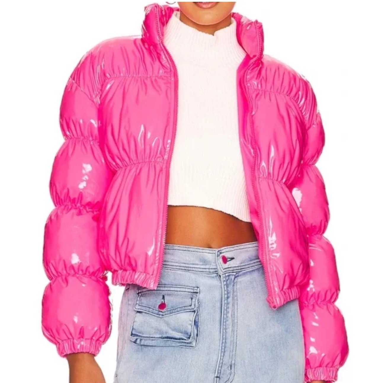 Steve Madden Eden Puffer Jacket Shiny Vinyl Cropped Bubble Coat Hot Pink XS
