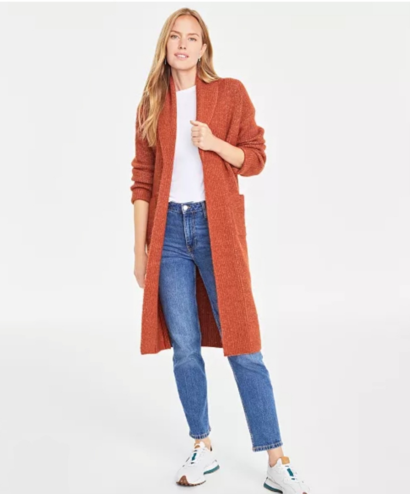 On 34th Rust Orange Fuzzy Acrylic Open Front Duster Cardigan Size Large