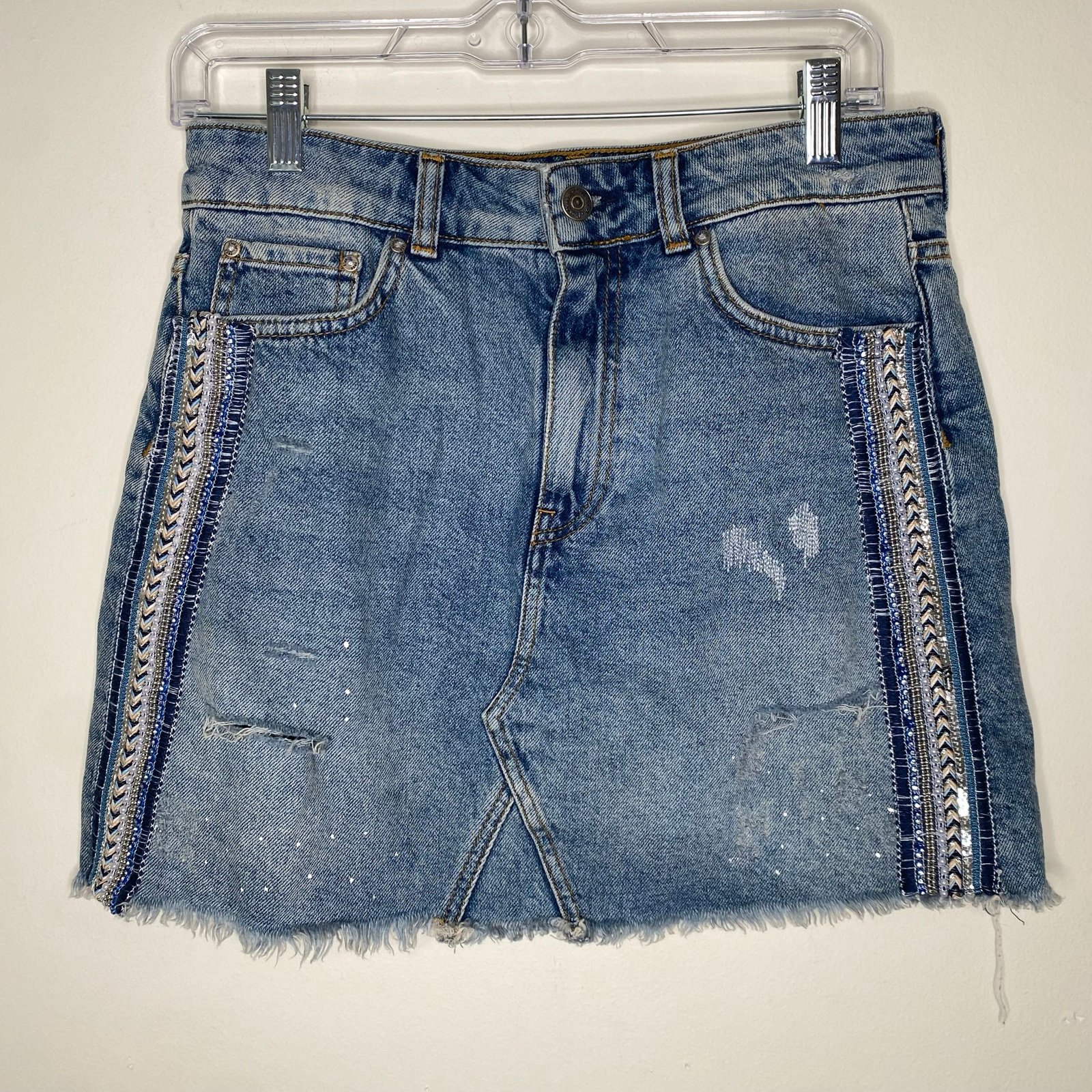 Free People Y2K embellished distressed denim mini skirt