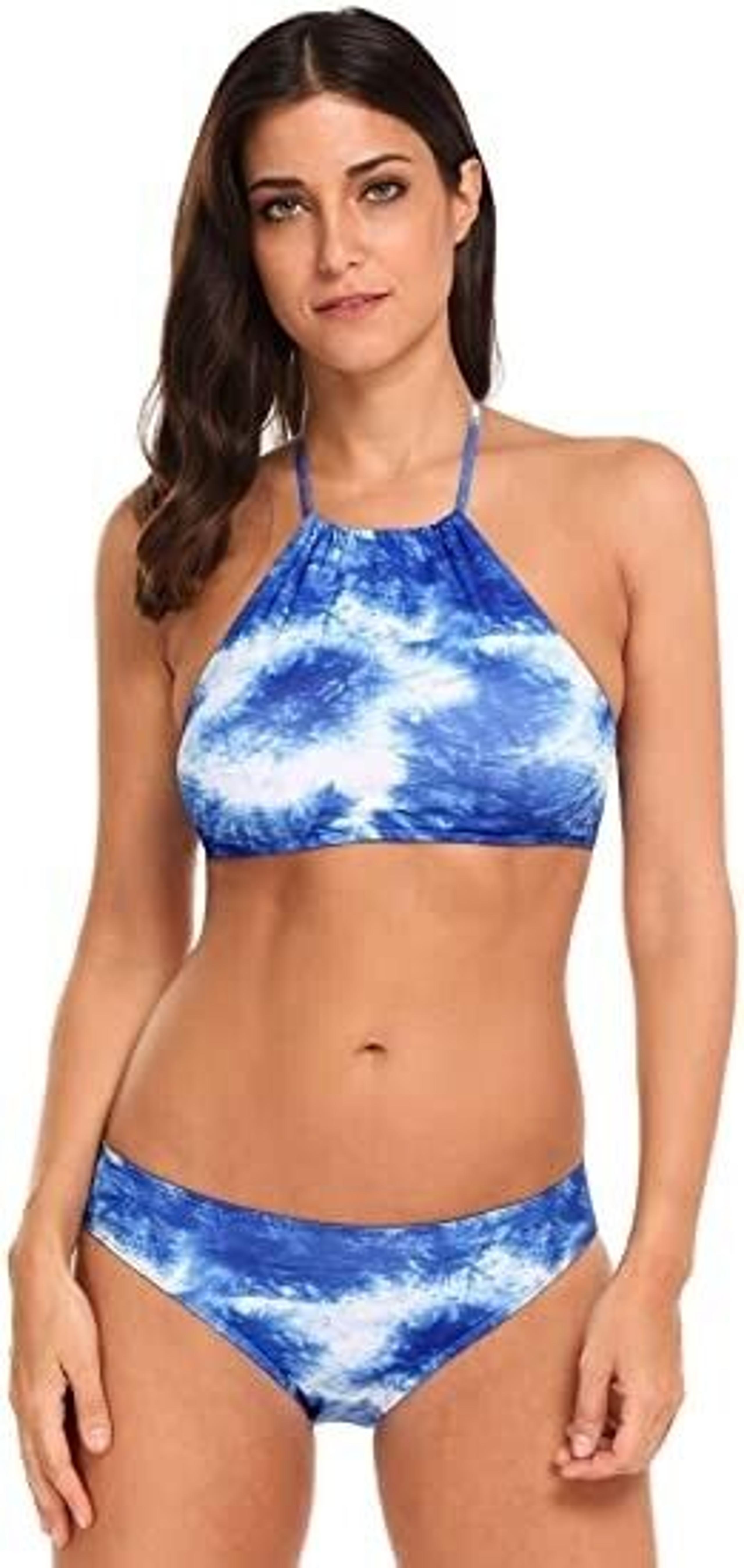 Ekouaer 2 Piece Forrest Leaves Printing high neck halter bikini set swimsuit XL