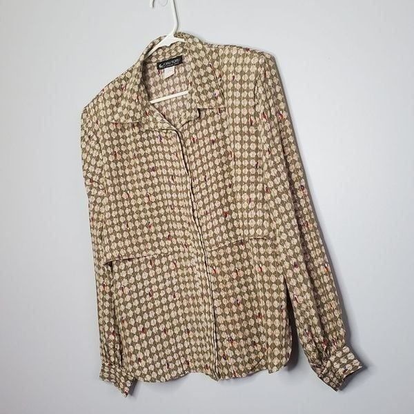 Sophisticates 14 Vintage Blouse Long Sleeve Button Down Olive Tan Diamond Print