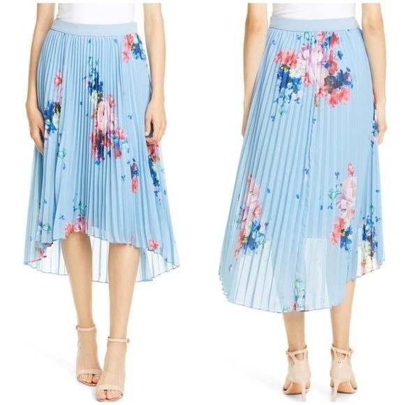 NWT Ted Baker Harrpa Raspberry Ripple Asymmetrical Pleated Skirt Blue Sz 4 L